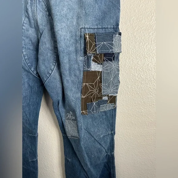 PRPS Indigo Miyagi Patchwork Cargo Denim Jeans Noir Bruised Never Broken Size 38